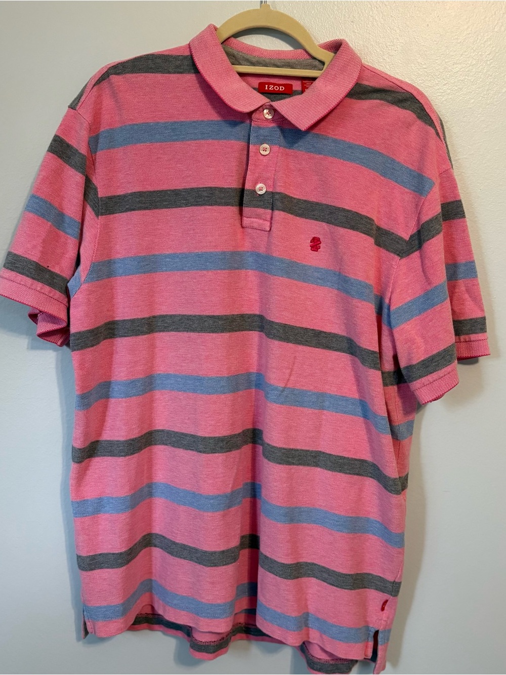 IZOD Striped Polo Shirt Mens XL Pink Blue Grey Pique Knit Casual Short Sleeve